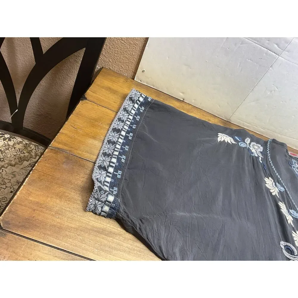 Johnny Was Gray/ Blue Embroidered Floral Open-Front Kimono Jacket 3/4 M FLAW